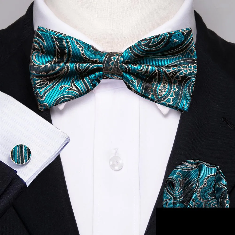 Barry. Wang Teal Blue Paisley Pre-tied Mens Bow Tie Hanky Cufflinks Set sold by Barrywang product image thumbnail 3