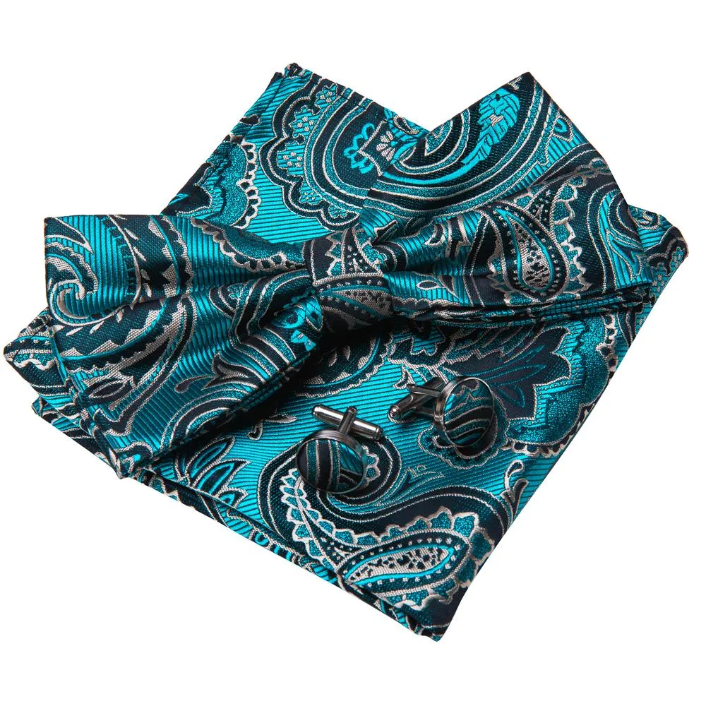 Barry. Wang Teal Blue Paisley Pre-tied Mens Bow Tie Hanky Cufflinks Set sold by Barrywang product image thumbnail 2