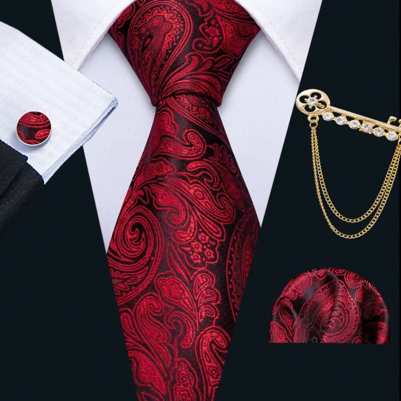 Barry. Wang Red Black Paisley Floral Lapel Pin Tie Hanky Cufflinks Set sold by Barrywang
