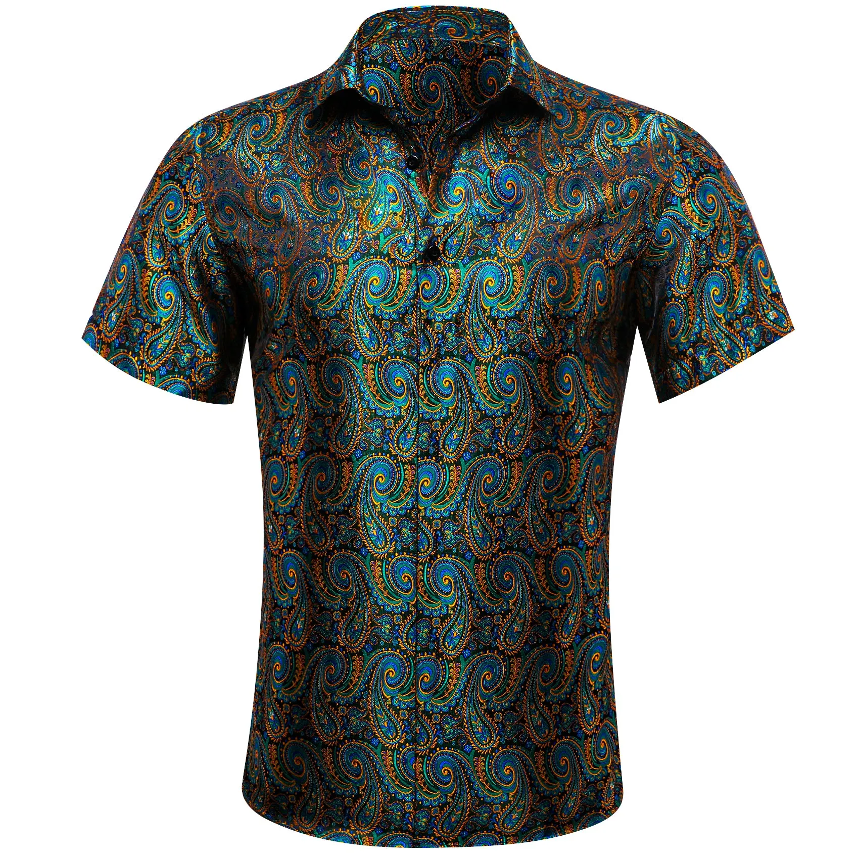 Barry Wang Mens Collared Shirt Teal Blue Paisley Short Sleeves Shirt sold by Barrywang