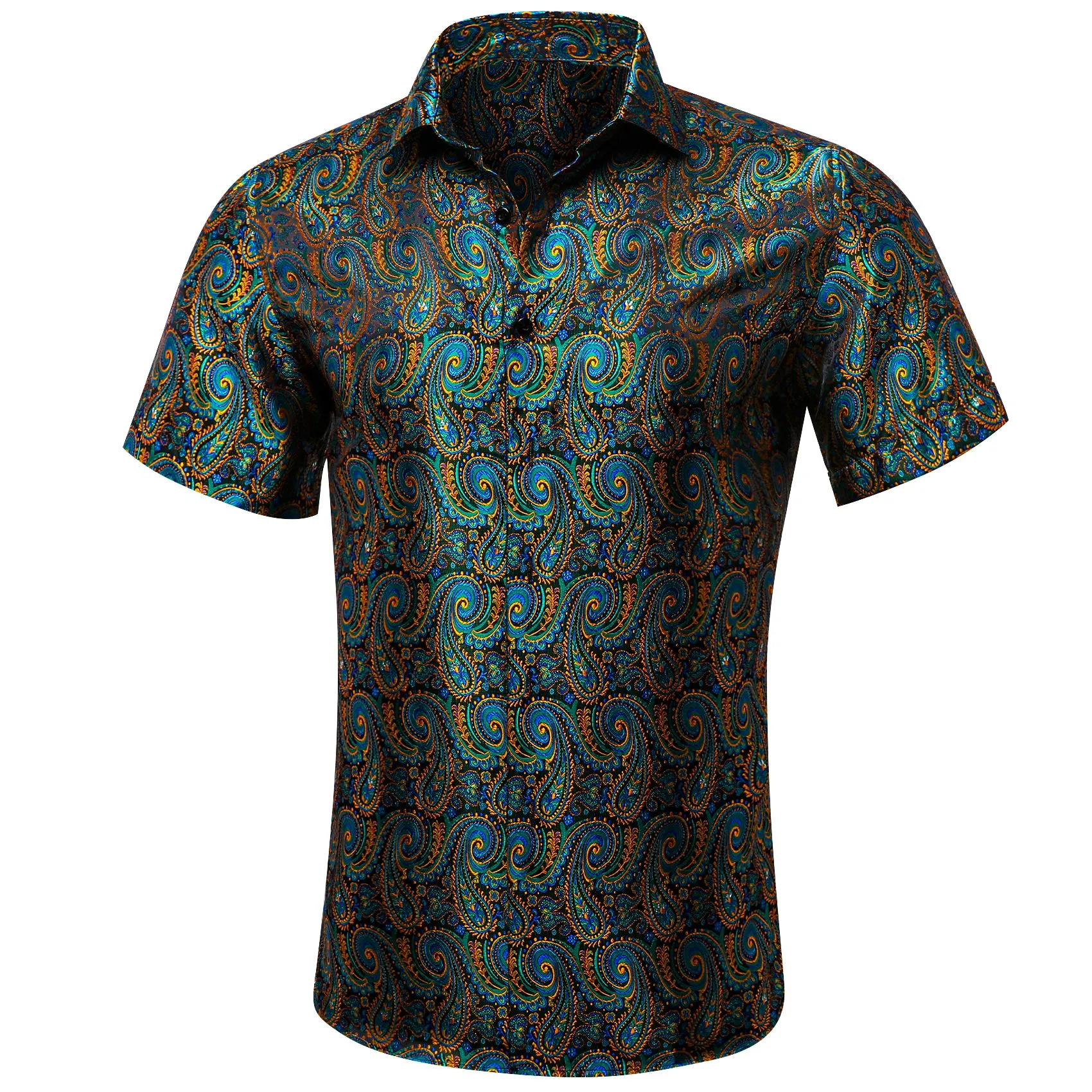 Barry Wang Mens Collared Shirt Teal Blue Paisley Short Sleeves Shirt sold by Barrywang product image thumbnail 2