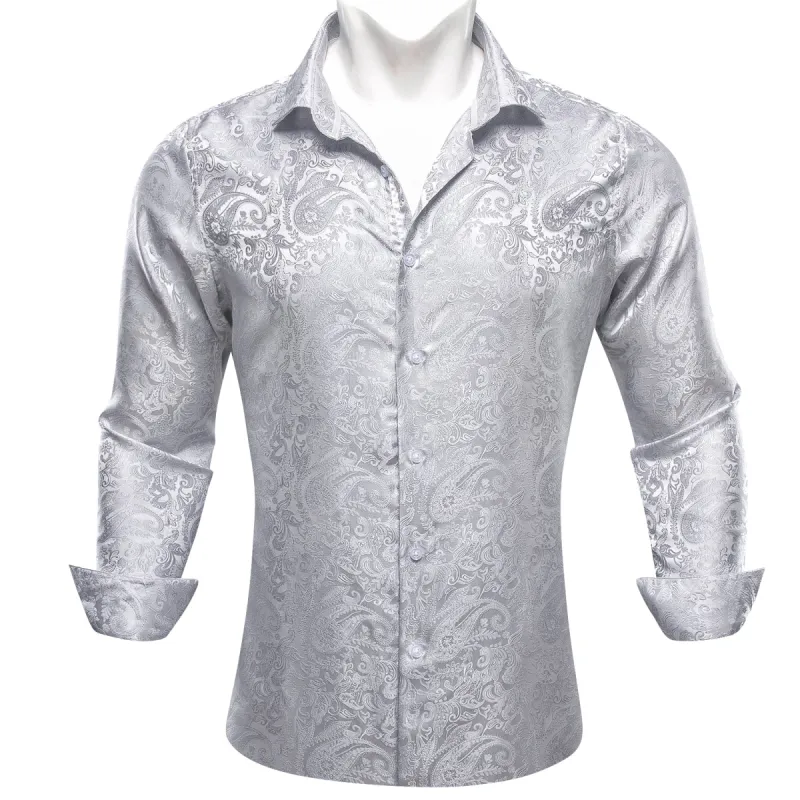 Barry. Wang Long Sleeve Shirt Grey White Paisley Men's Silk Dress Shirt sold by Barrywang