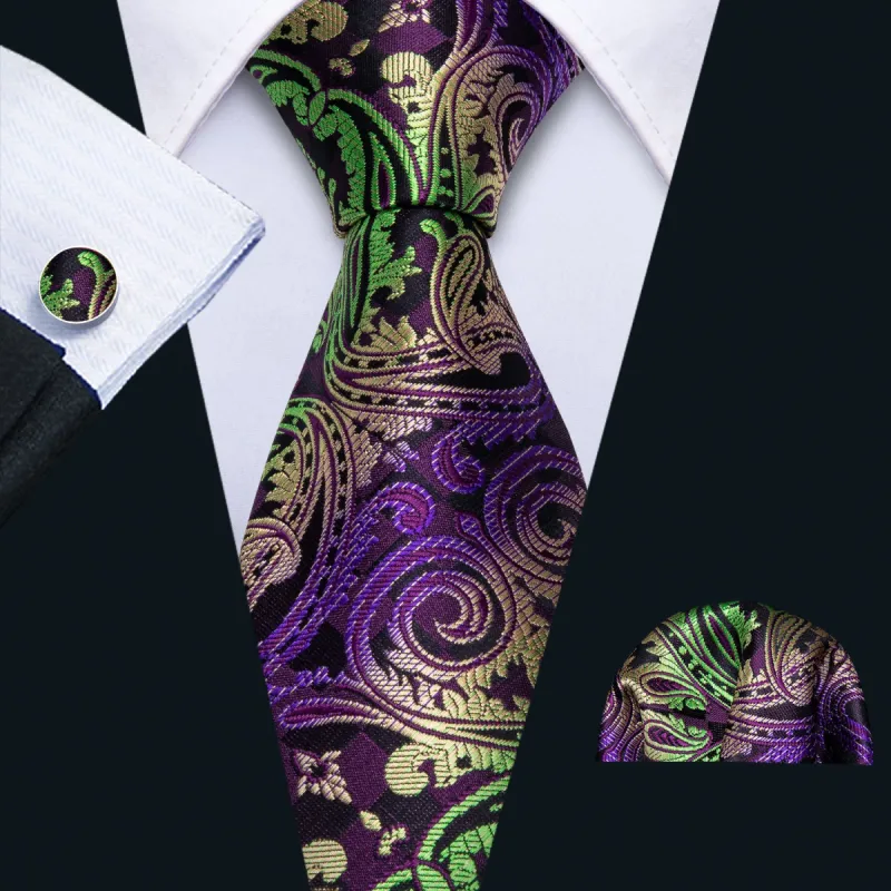 Barry Wang Green Purple Black Paisley Silk Men's Tie Pocket Square Cufflinks Set sold by Barrywang