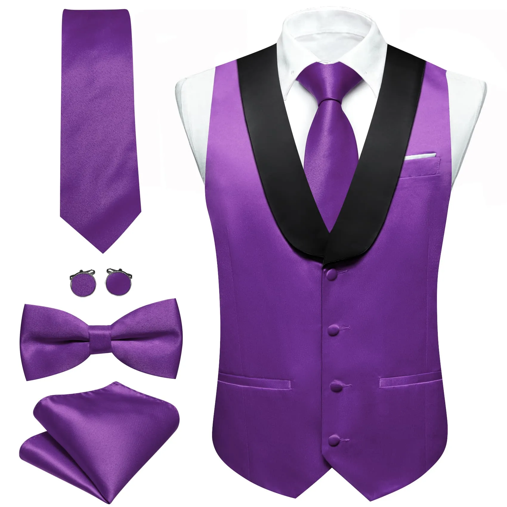 Barry. Wang Purple Solid Black Shawl lapel Waistcoat Mens Vest Tie Set sold by Barrywang product image thumbnail 5