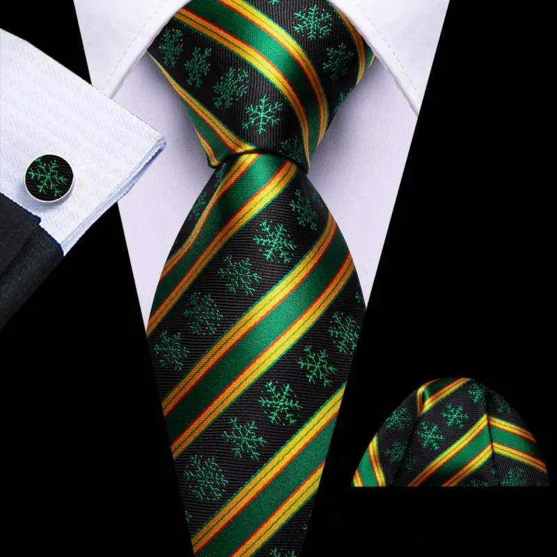 Barry Wang Black Green Snowflake Yellow Stripes Mens Christmas Tie Set sold by Barrywang