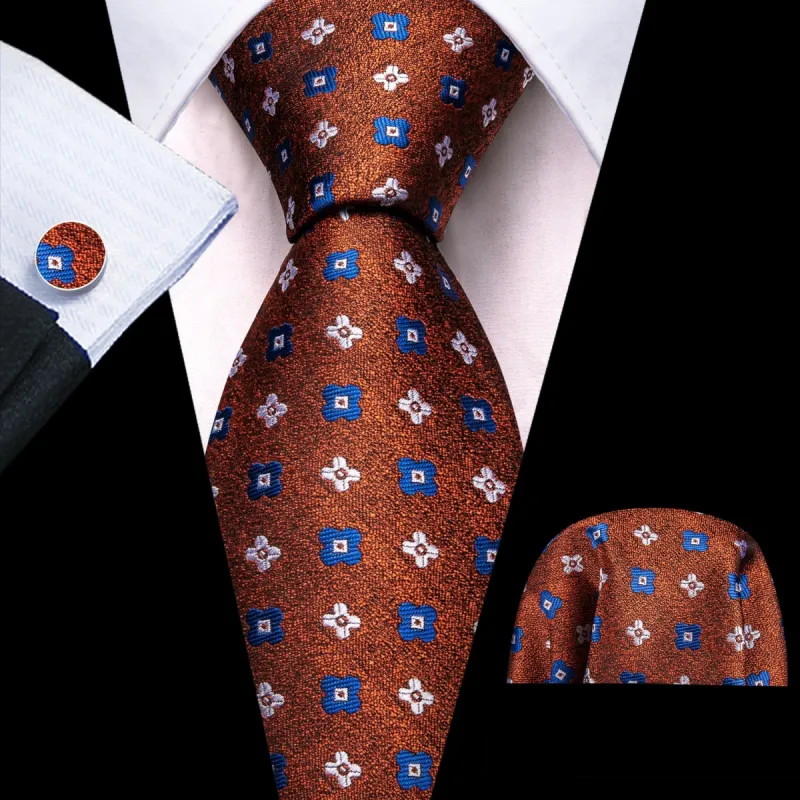 Barry Wang Tie Brown Jacquard White Blue Floral Necktie Hanky Cufflinks Set sold by Barrywang