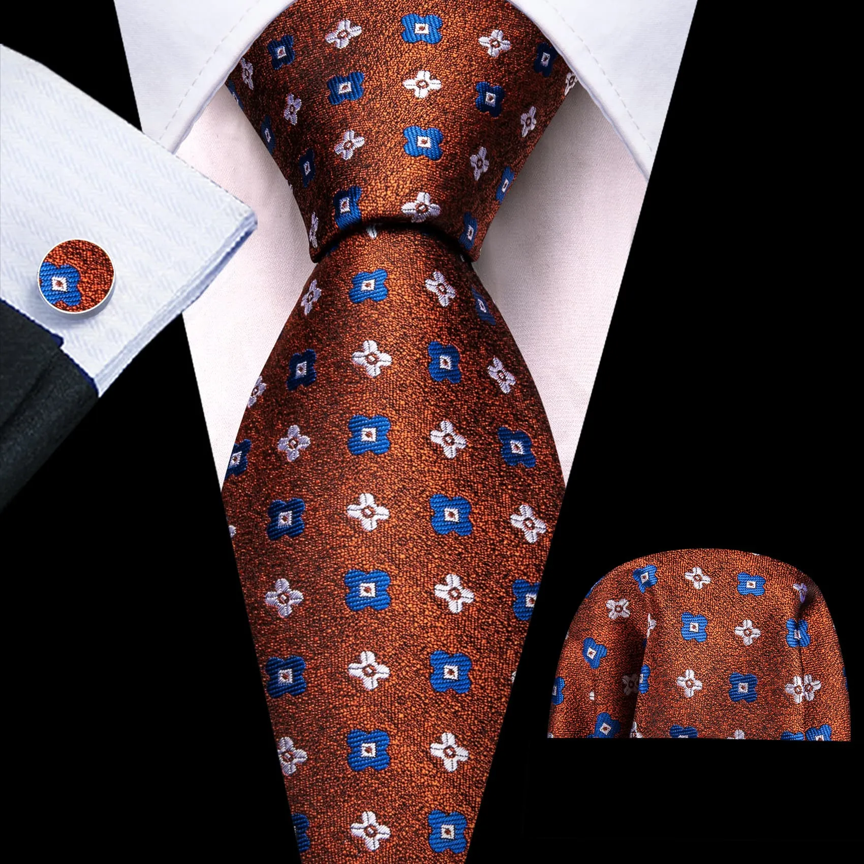 Barry. Wang Tie Brown Jacquard White Blue Floral Necktie Hanky Cufflinks Set sold by Barrywang