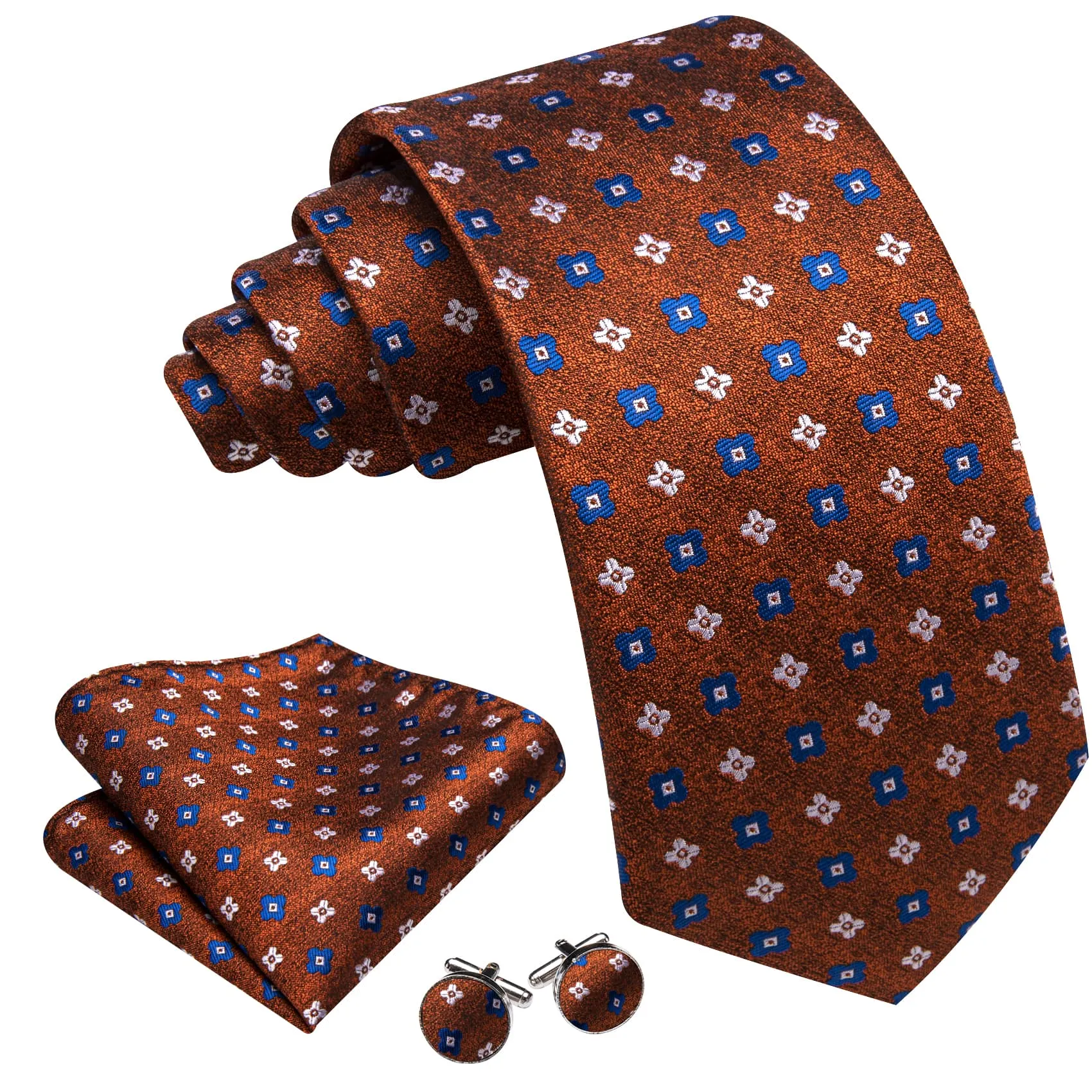 Barry. Wang Tie Brown Jacquard White Blue Floral Necktie Hanky Cufflinks Set sold by Barrywang product image thumbnail 2