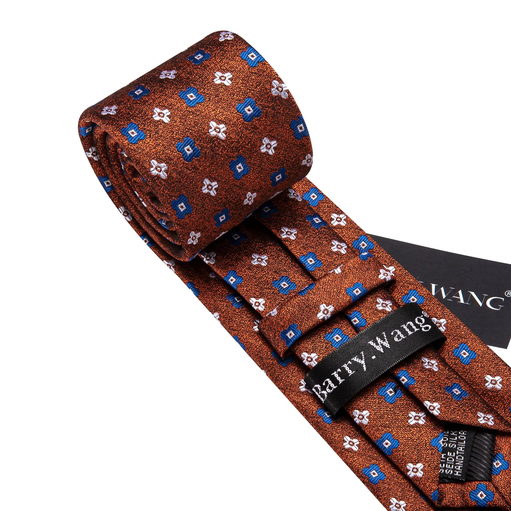 Barry. Wang Tie Brown Jacquard White Blue Floral Necktie Hanky Cufflinks Set sold by Barrywang product image thumbnail 4