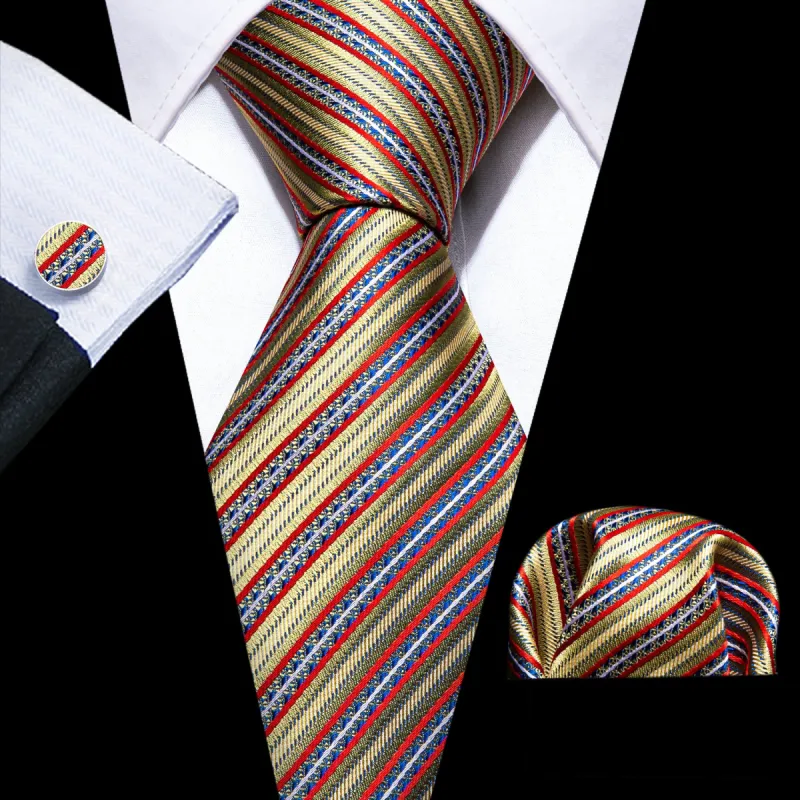 Barry Wang Red Gold Striped Floral Silk Tie Pocket Square Cufflinks Set sold by Barrywang