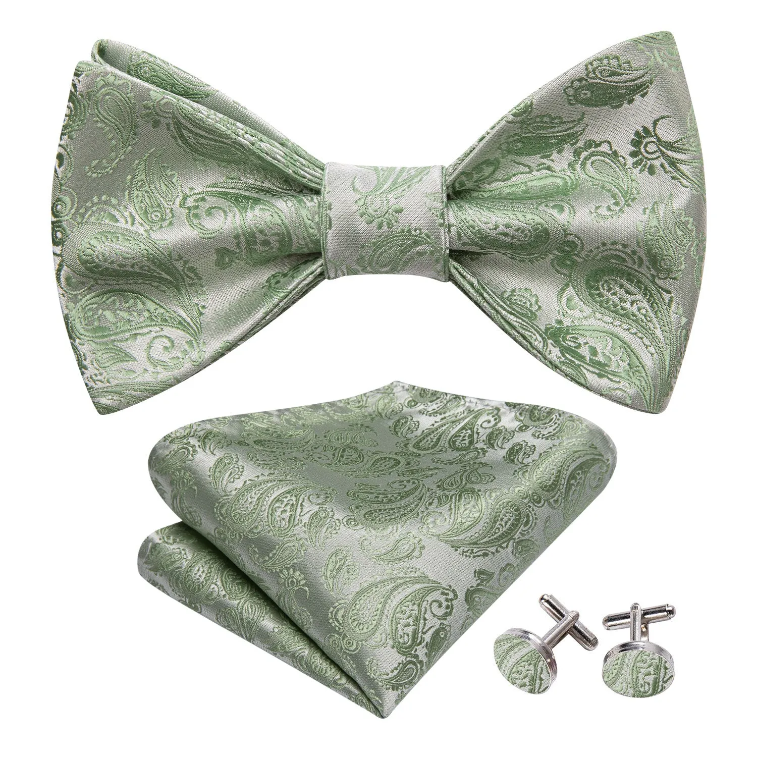 Green Silver Paisley Silk Bow Tie Hanky Cufflinks Set sold by Barrywang product image thumbnail 2