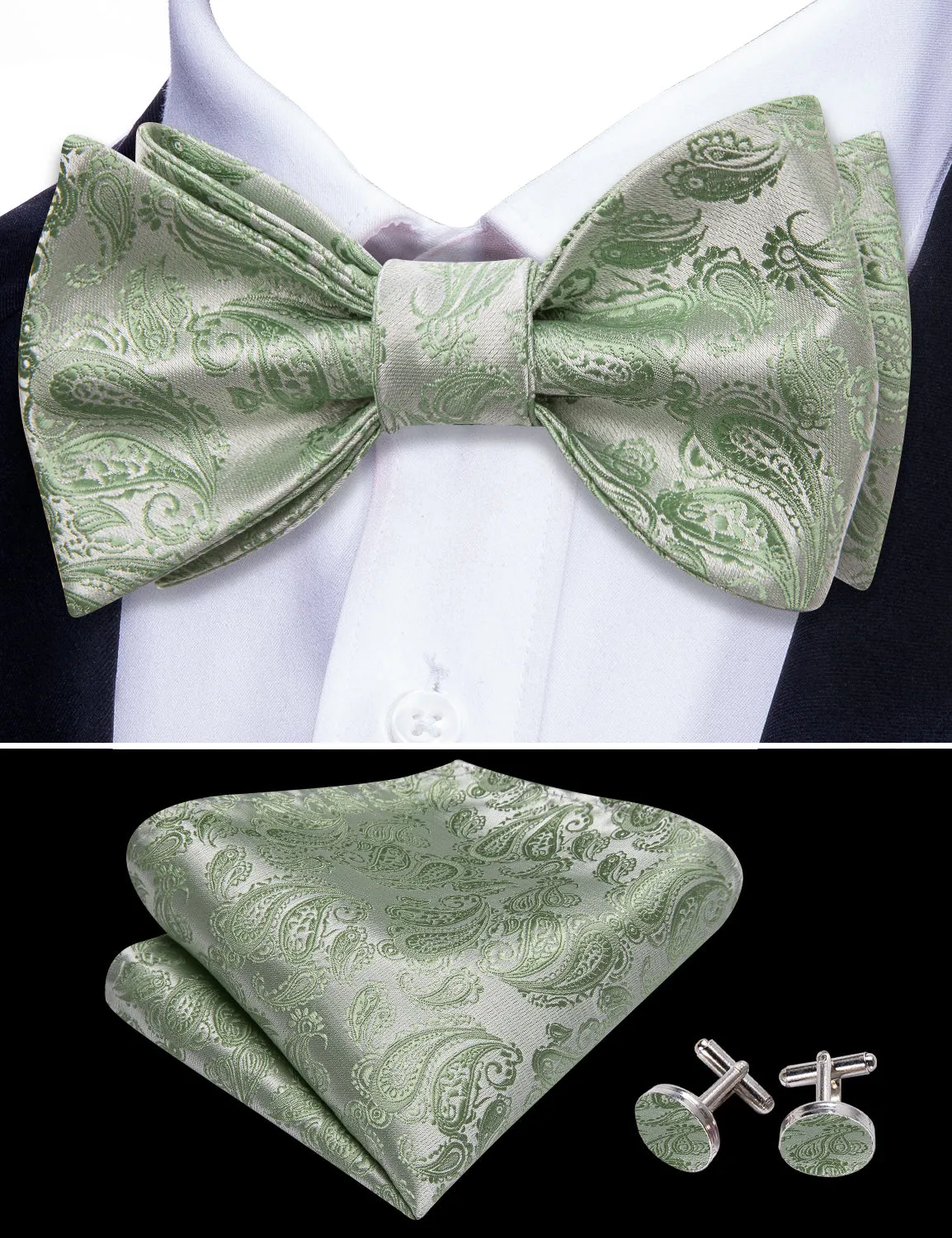 Green Silver Paisley Silk Bow Tie Hanky Cufflinks Set sold by Barrywang product image thumbnail 4