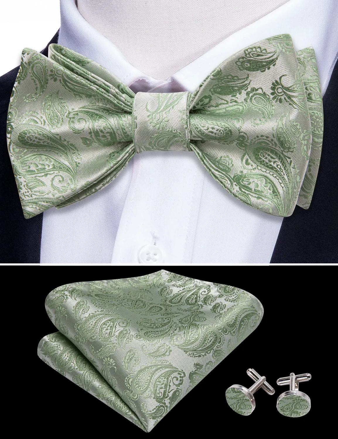 Green Silver Paisley Silk Bow Tie Hanky Cufflinks Set sold by Barrywang product image thumbnail 3