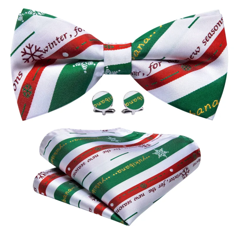 Christmas White Green Xmas Pattern Pre Tied Bow Tie Hanky Cufflinks Set sold by Barrywang