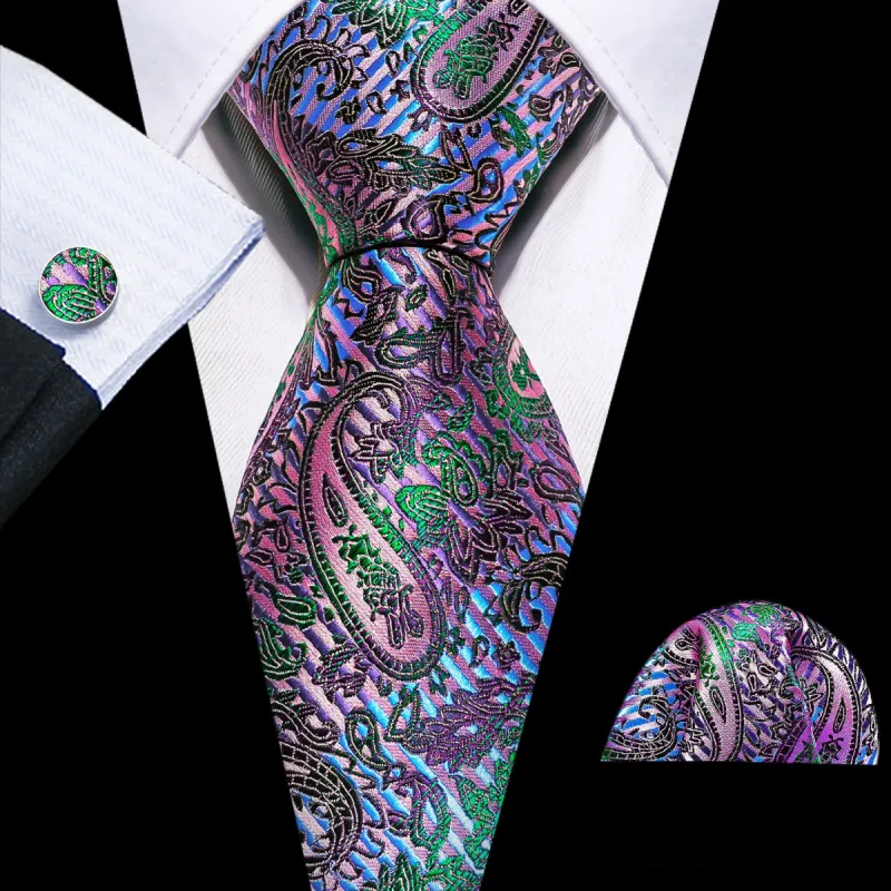 Barry Wang Pink Purple Paisley Silk Tie Hanky Cufflinks Set sold by Barrywang