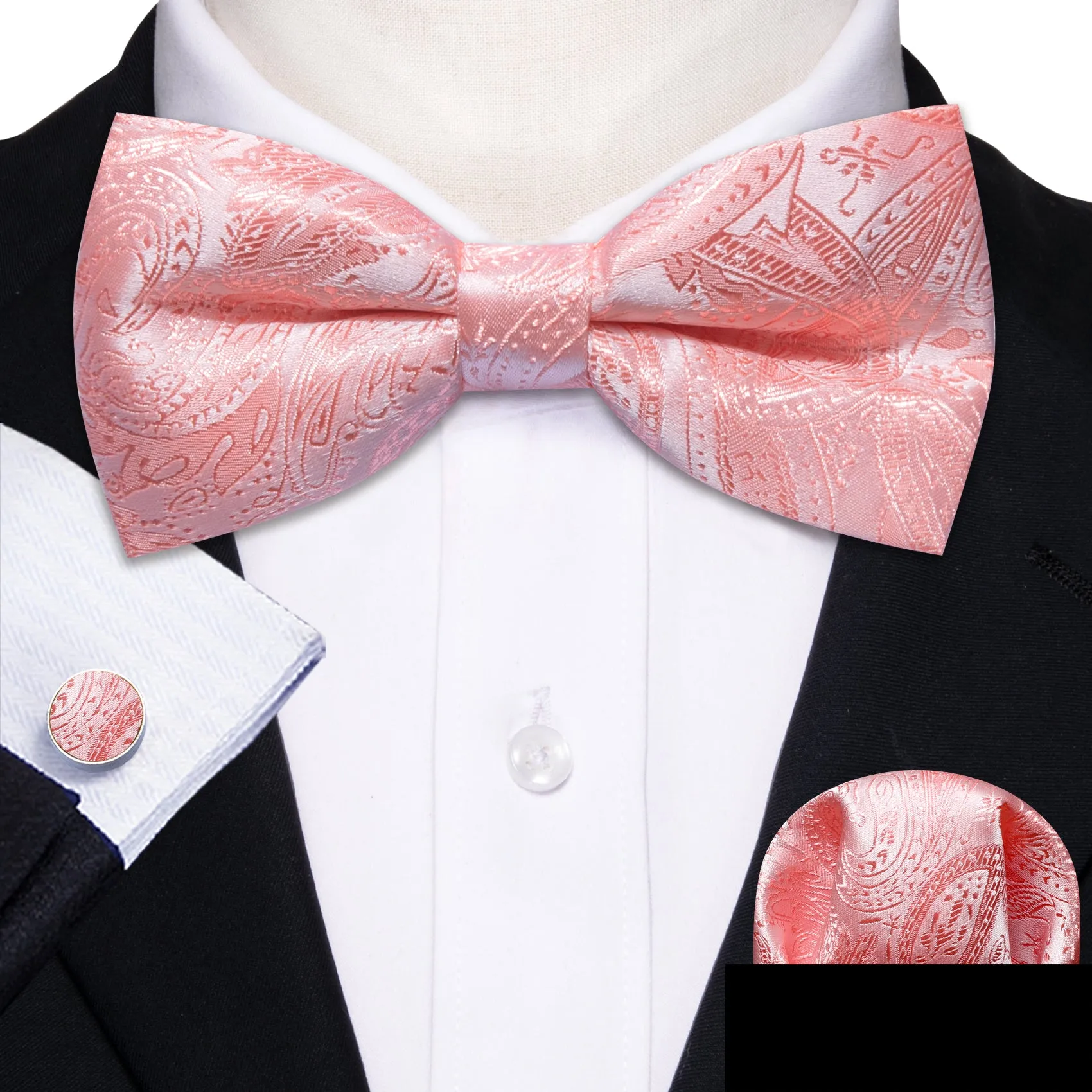 Pink Paisley Pre Tied Bow Tie Hanky Cufflinks Set sold by Barrywang product image thumbnail 2