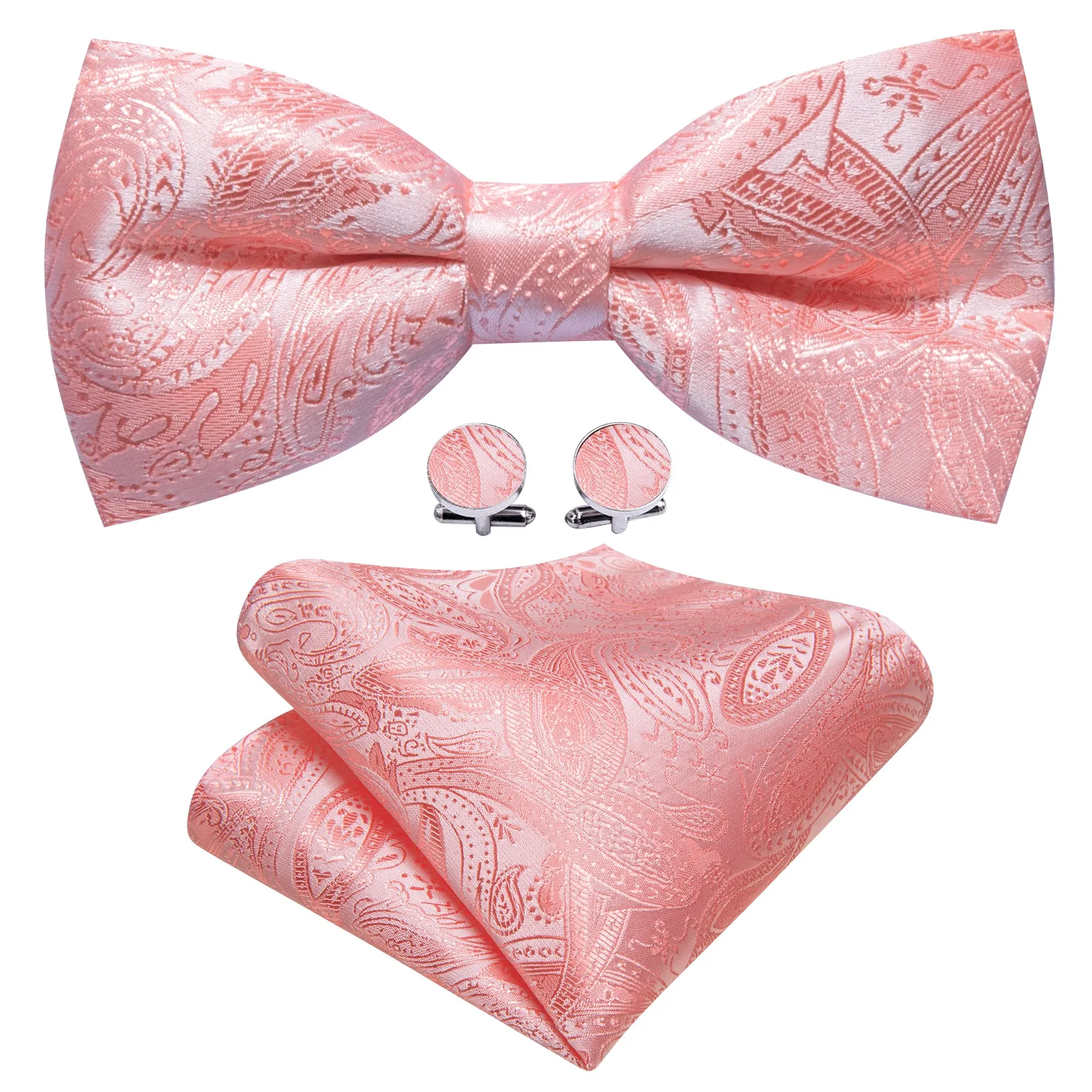 Pink Paisley Pre Tied Bow Tie Hanky Cufflinks Set sold by Barrywang