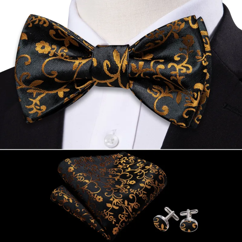 Barry Wang Black Gold Floral Silk Self tie Bow Tie Hanky Cufflinks Set sold by Barrywang