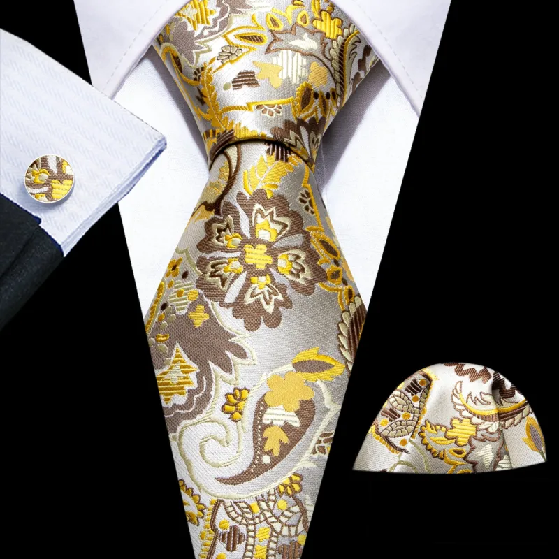 Barry Wang Grey Yellow Paisley Silk Tie Pocket Square Cufflinks Set sold by Barrywang