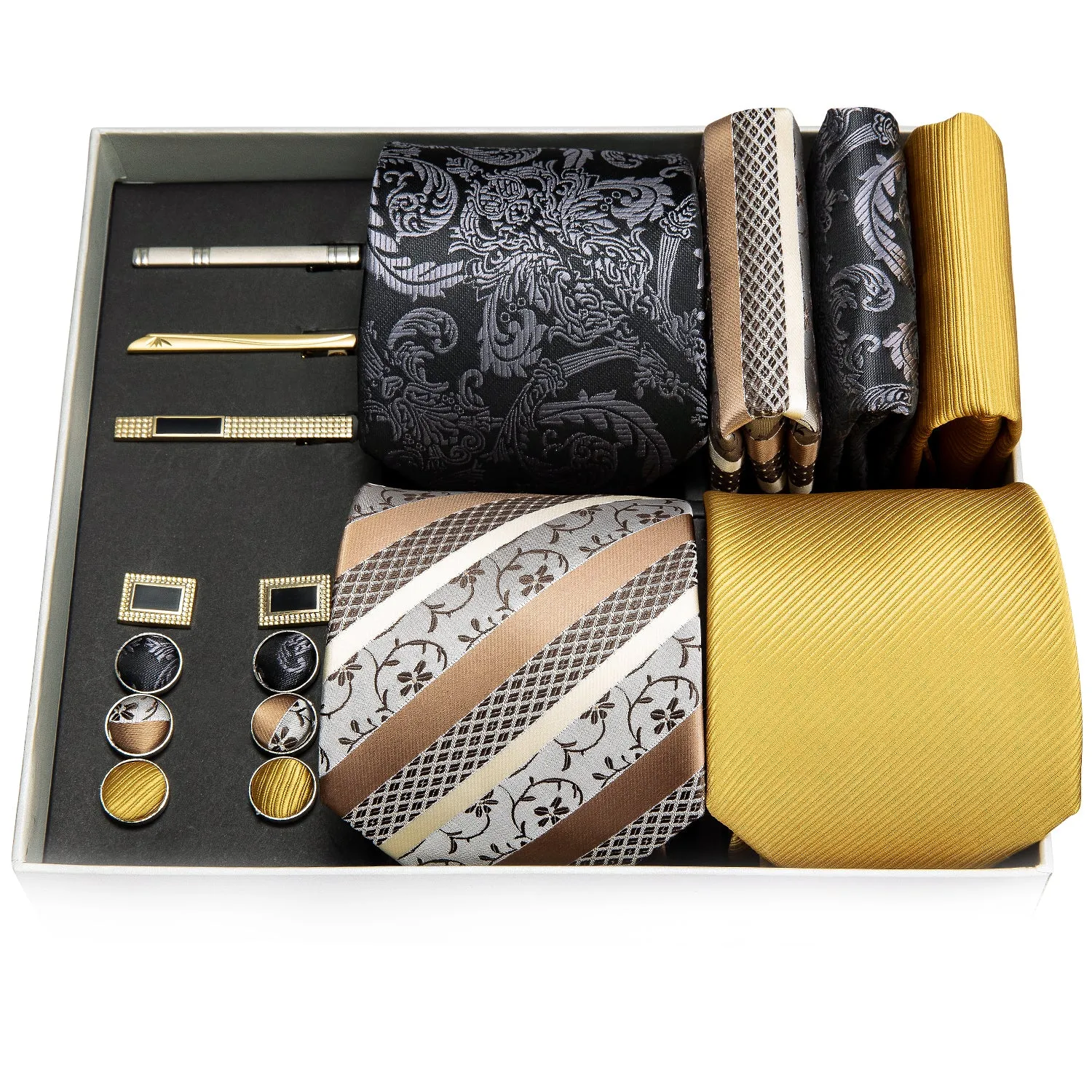 Barry. Wang Black Yellow Champagne Floral Silk Wedding Necktie Pocket Square Gift Box Set sold by Barrywang