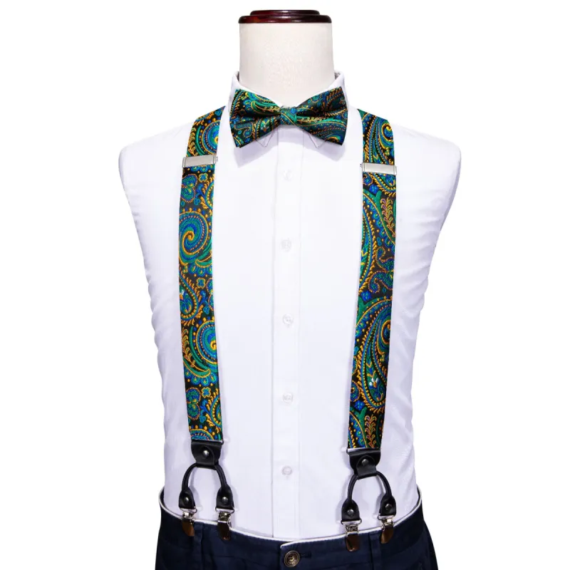 Teal Blue Floral Y Back Adjustable Bow Tie Suspenders Set sold by Barrywang