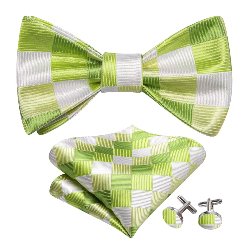 Green White Plaid Silk Bow Tie Hanky Cufflinks Set sold by Barrywang