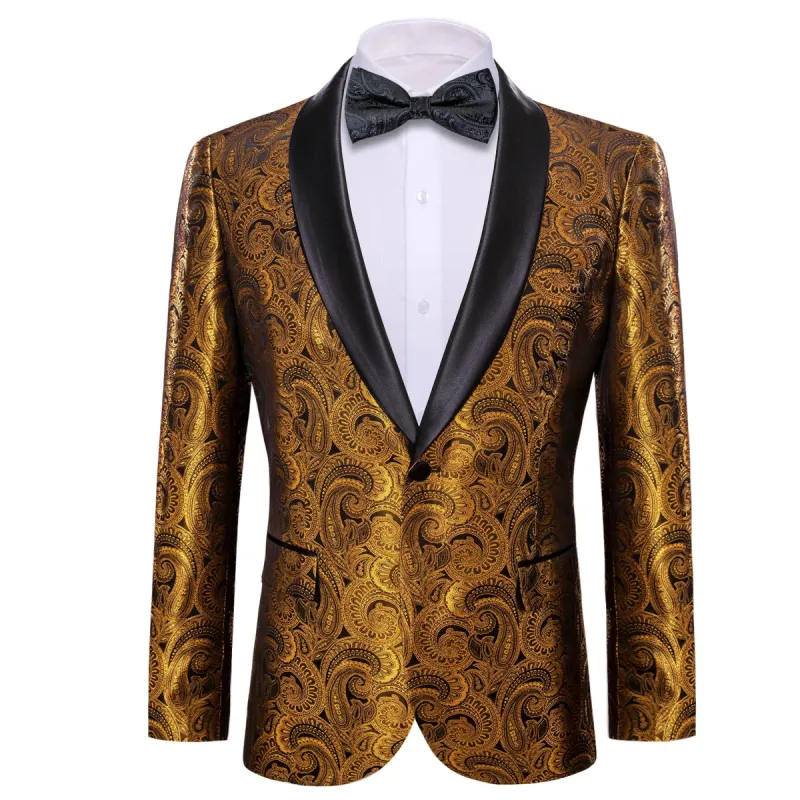 Men's Dress Party Brown Gold Floral Suit Jacket Slim One Button Stylish Blazer sold by Barrywang
