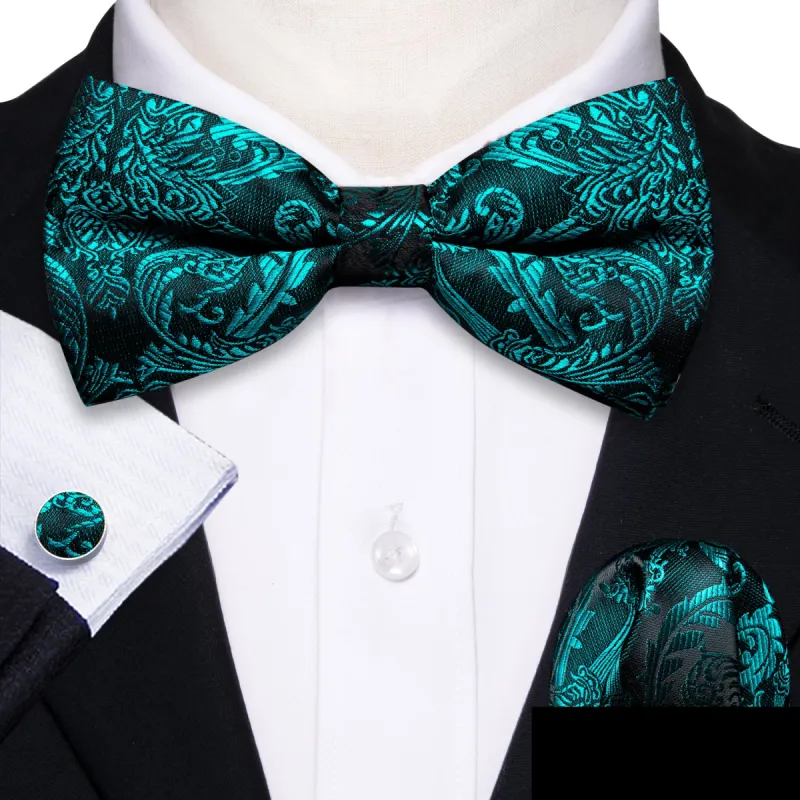 Barry. Wang Teal Neck Ties Paisley Pre-tied Bow Tie Hanky Cufflinks Set sold by Barrywang