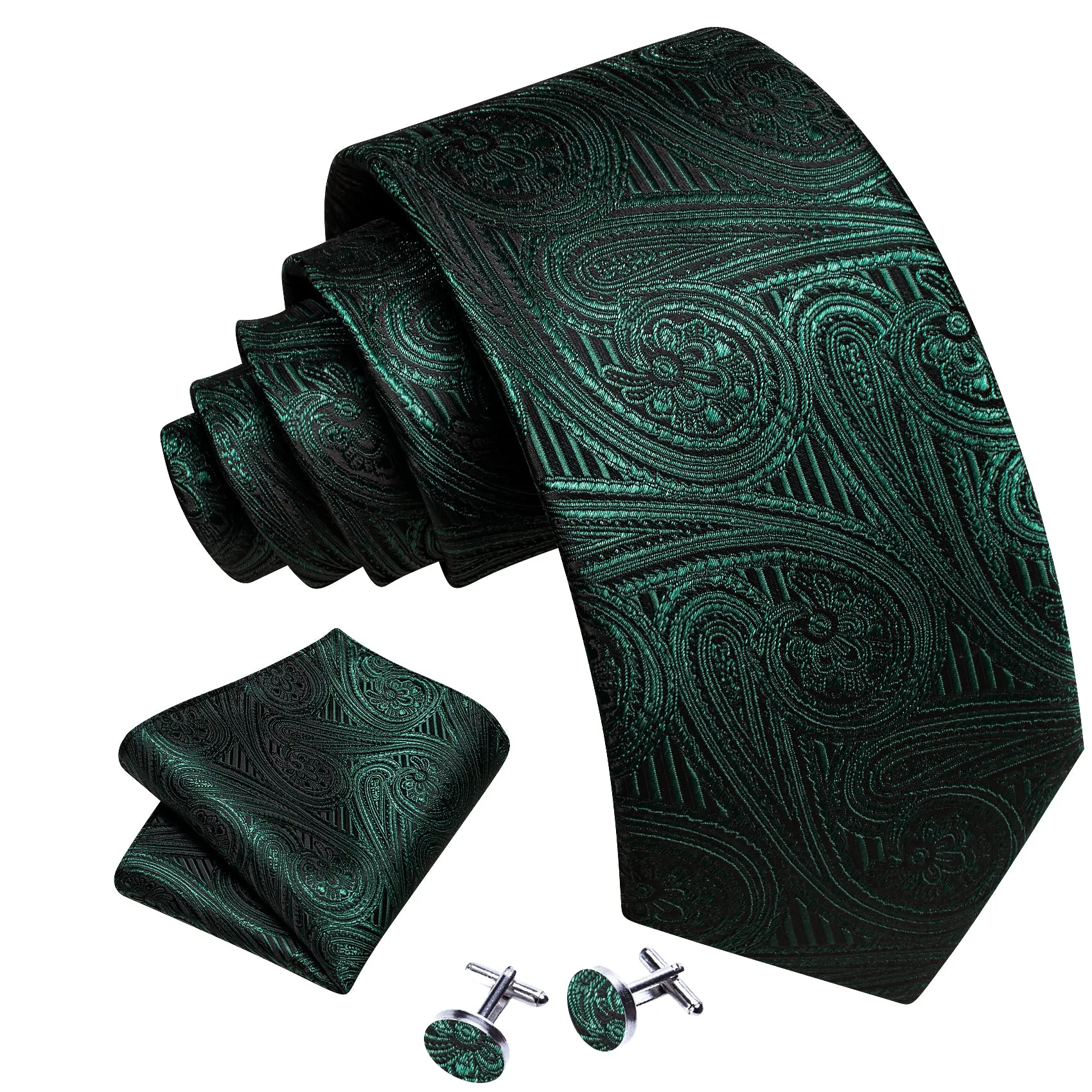 Barry Wang Green Tie Dark Olive Green Paisley Silk Tie Hanky
