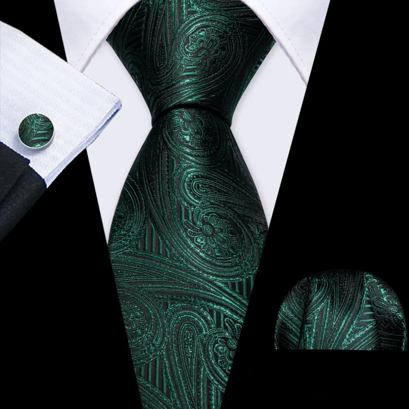 Barry Wang Green Tie Dark Olive Green Paisley Silk Tie Hanky Cufflinks Set sold by Barrywang