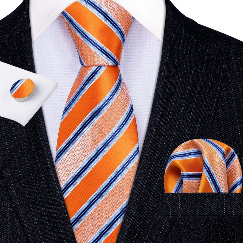 Barry. Wang Novelty Orange Blue Striped Silk Tie Hanky Cufflinks Set sold by Barrywang