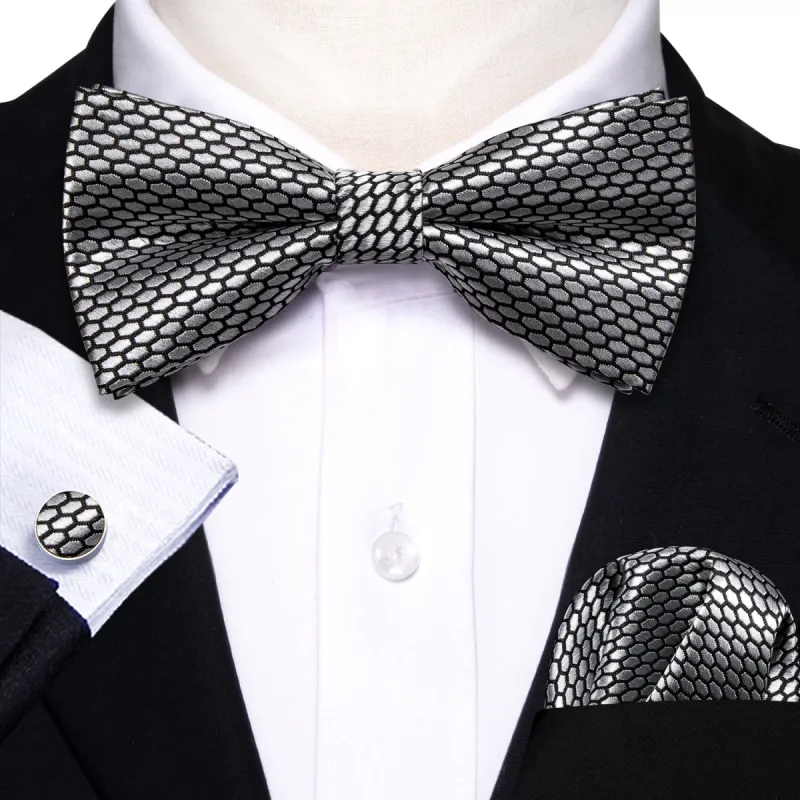Barry. Wang Grey Geometry Pre-tied Bow Tie Hanky Cufflinks Set sold by Barrywang