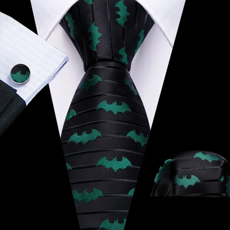 Barry. Wang Black Tie Green Novelty Bat Men's Silk Tie Hanky Cufflinks Set sold by Barrywang