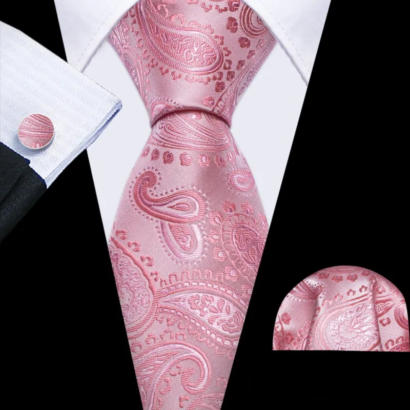 Barry Wang Wedding Tie Pink Paisley Silk Necktie Hanky Cufflinks Set sold by Barrywang