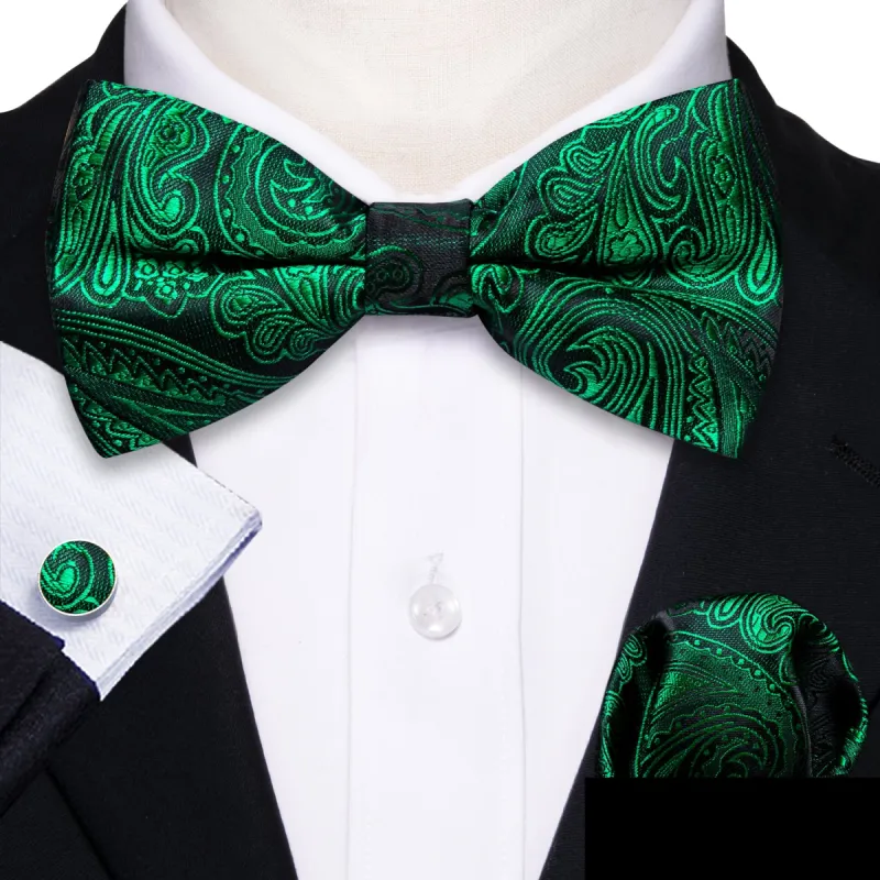 Barry. Wang Green Paisley Silk Pre-tied Bow Tie Hanky Cufflinks Set sold by Barrywang