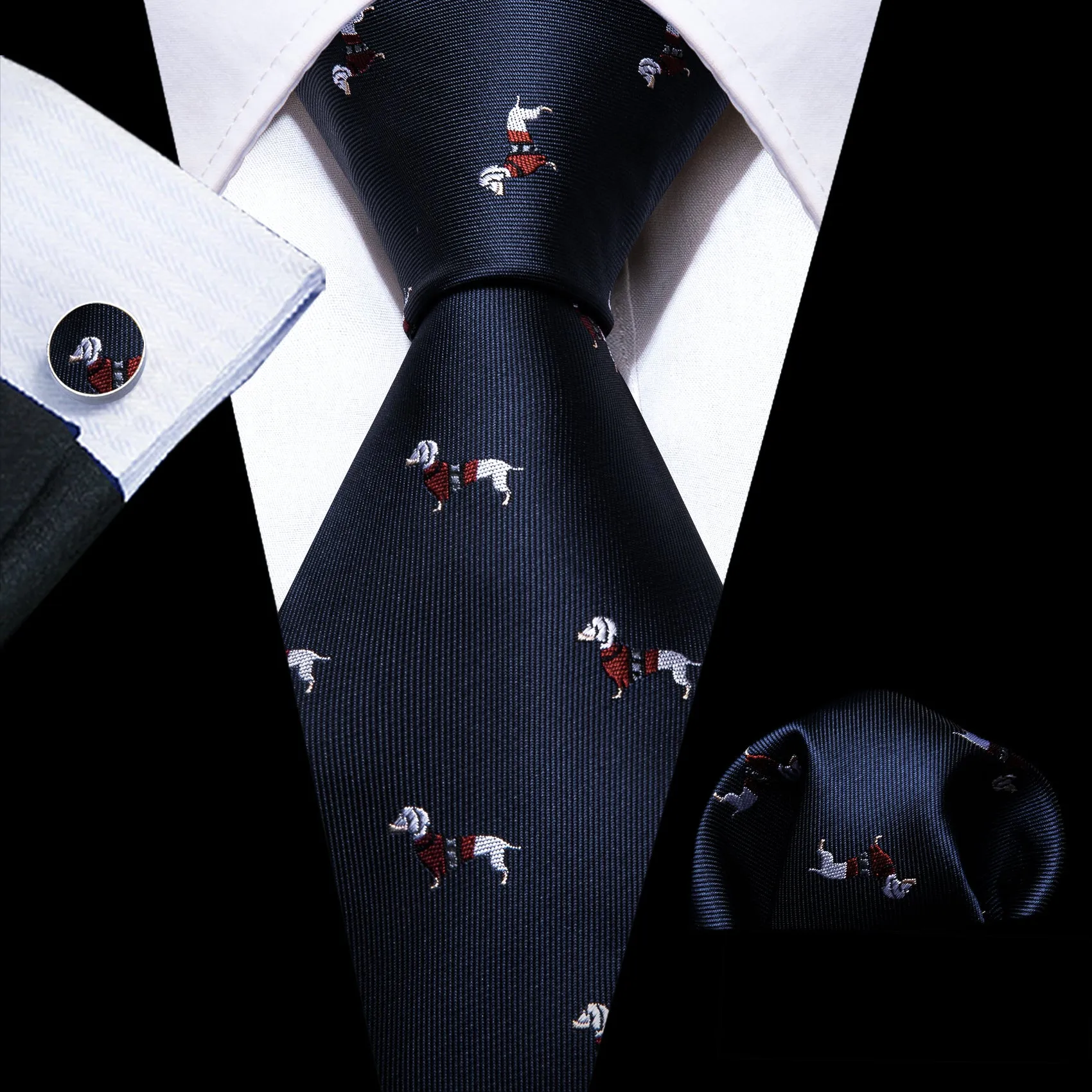 Barry Wang Blue White Dog Pattern Silk Tie Handkerchief Cufflinks Set sold by Barrywang