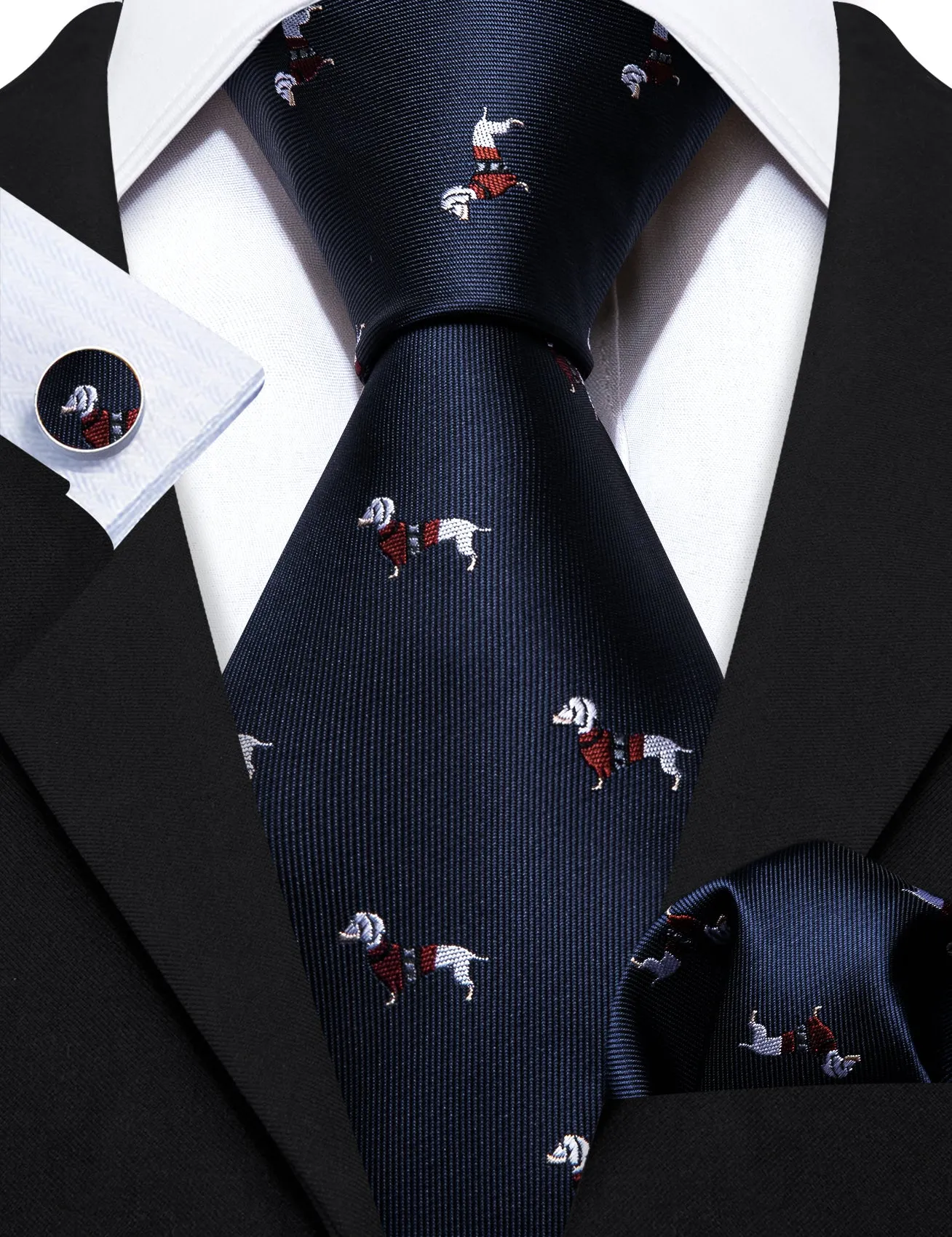 Barry Wang Blue White Dog Pattern Silk Tie Handkerchief Cufflinks Set sold by Barrywang product image thumbnail 3