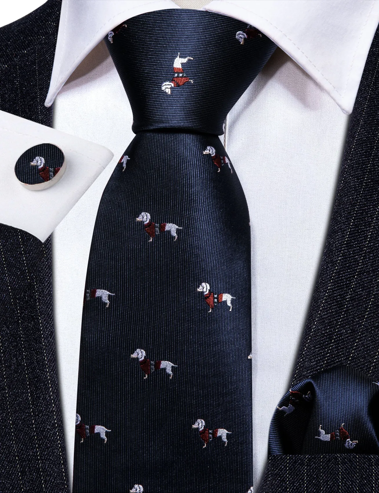 Barry Wang Blue White Dog Pattern Silk Tie Handkerchief Cufflinks Set sold by Barrywang product image thumbnail 4