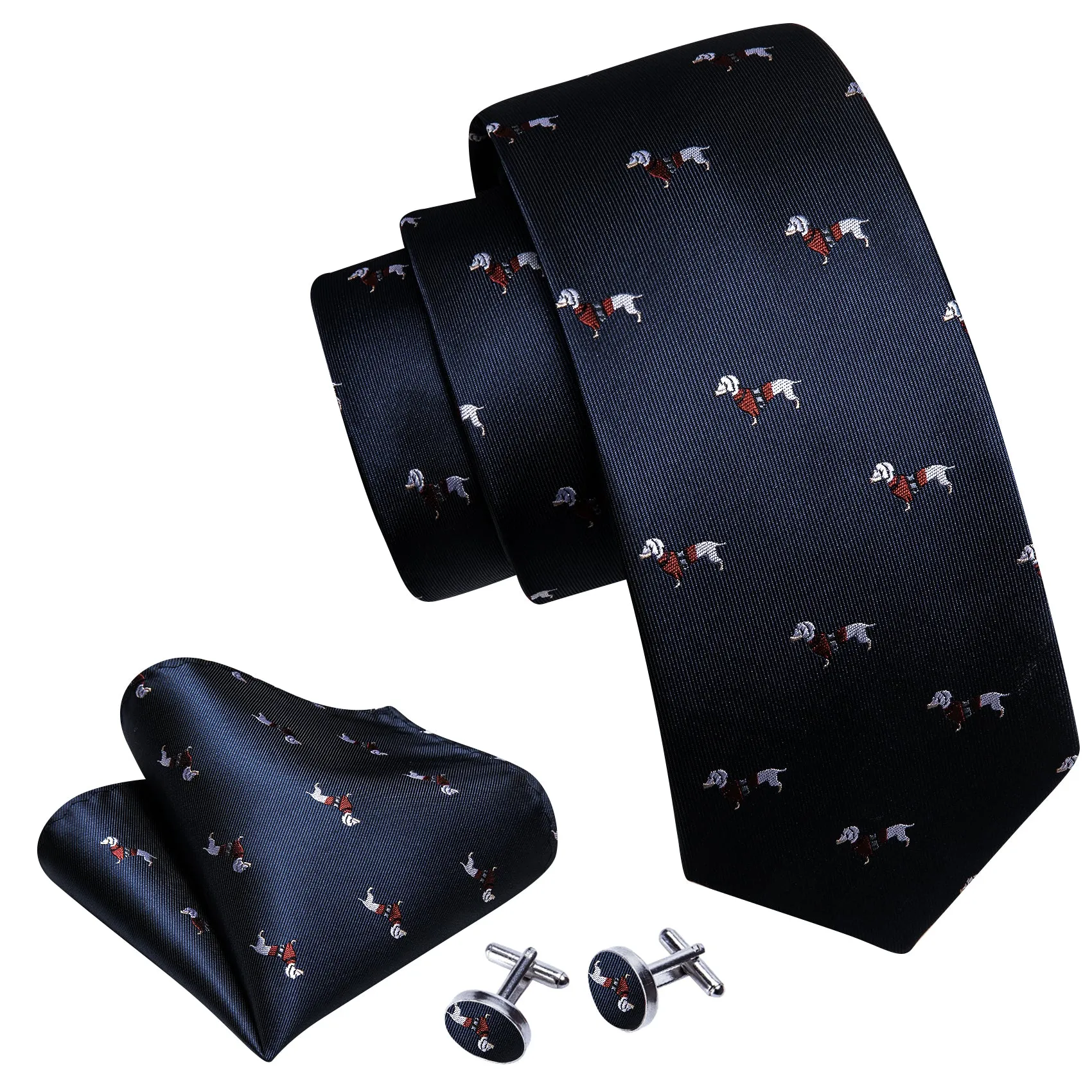 Barry Wang Blue White Dog Pattern Silk Tie Handkerchief Cufflinks Set sold by Barrywang product image thumbnail 5