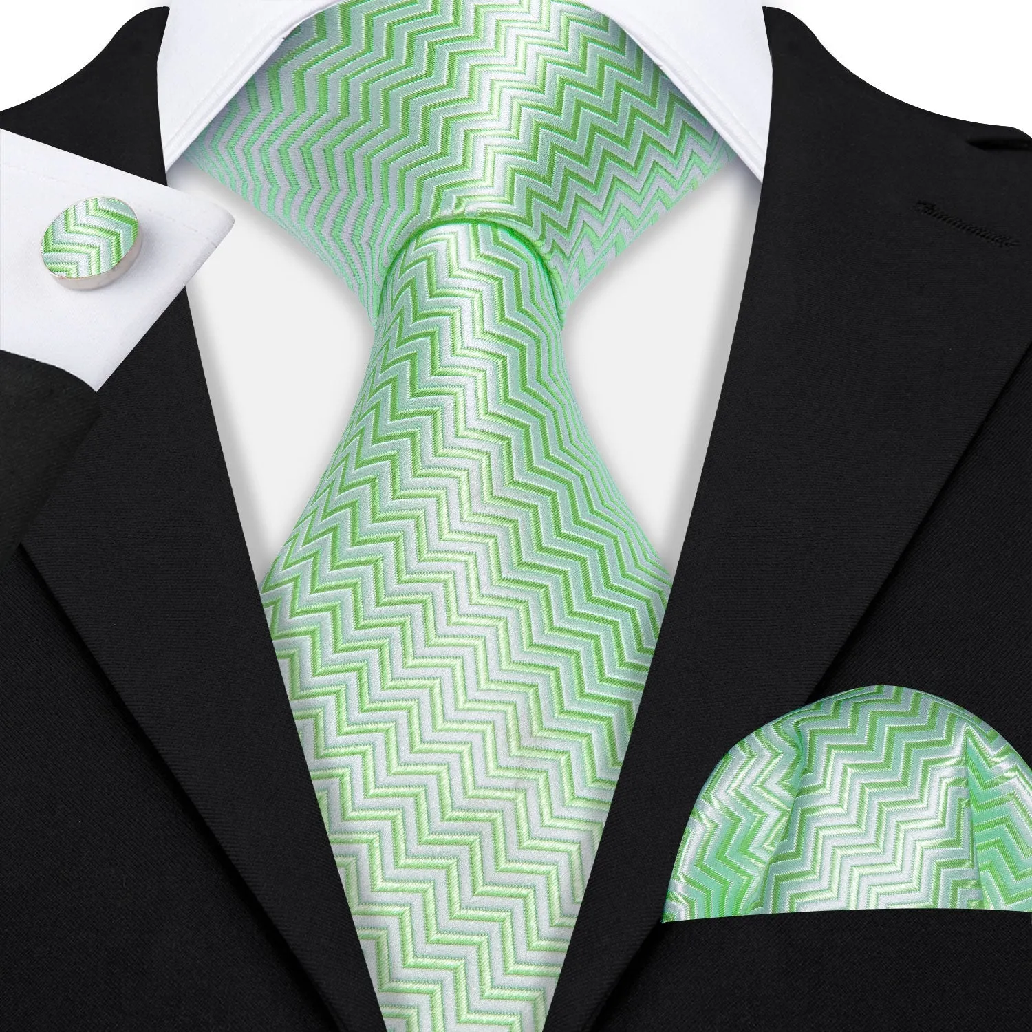 Barry Wang Turquoise Green Ripple Silk Tie Pocket Square Cufflinks Set sold by Barrywang product image thumbnail 2
