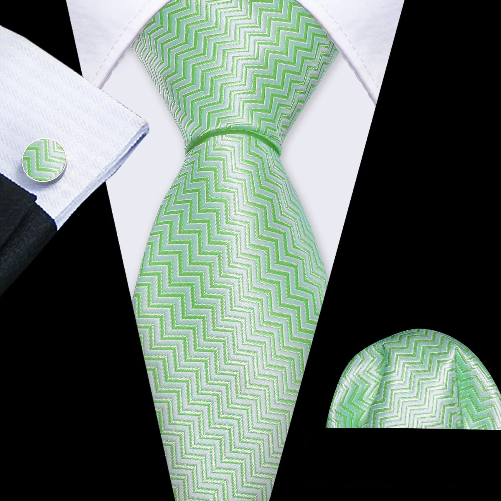 Barry Wang Turquoise Green Ripple Silk Tie Pocket Square Cufflinks Set sold by Barrywang