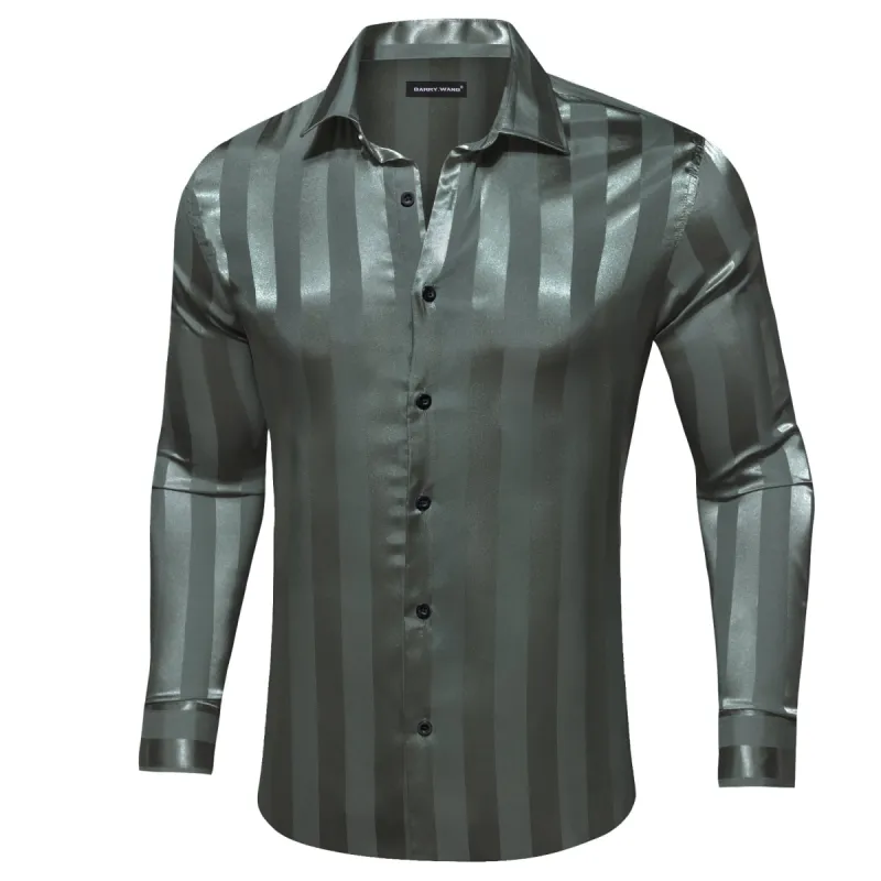 Barry.wang Long Sleeve Shirt Olive Striped Silk Men's Shirt sold by Barrywang