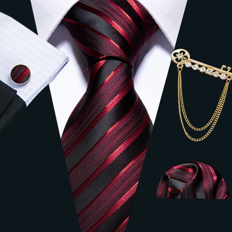 Barry.wang Striped Tie Red Black Men's Silk Tie Pocket Square Cufflinks Lapel Pin Brooch Set sold by Barrywang