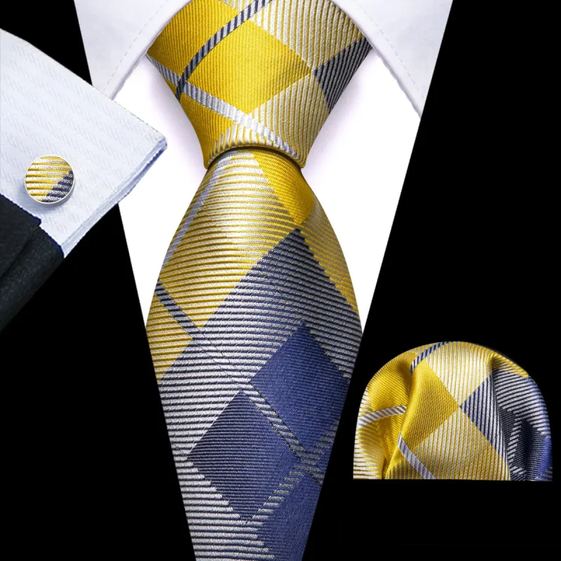 Barry Wang Yellow Blue Grey Checkered Men's Plaid Tie Set for Party sold by Barrywang