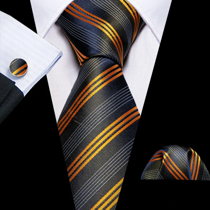 Barry Wang Black Tie Orange White Jacquard Stripes Silk Men's Tie Set sold by Barrywang