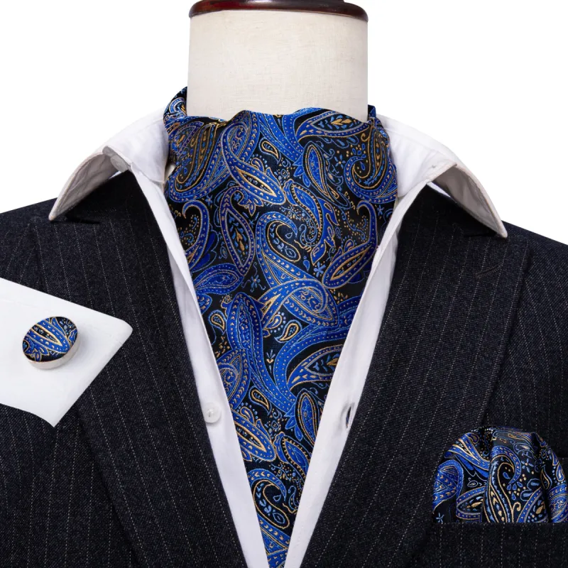 Barry Wang Ascot Ties Blue Paisley Ascot Handkerchief Cufflinks sold by Barrywang