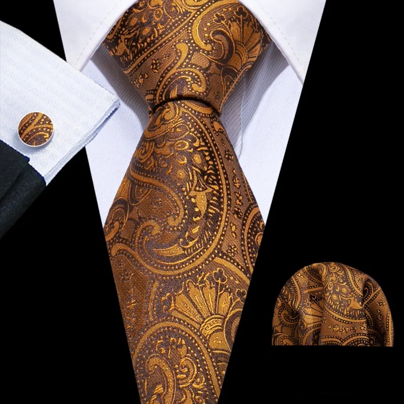 Barry.wang Yellow Tie Floral Men's Silk Tie Pocket Square Cufflinks Set sold by Barrywang