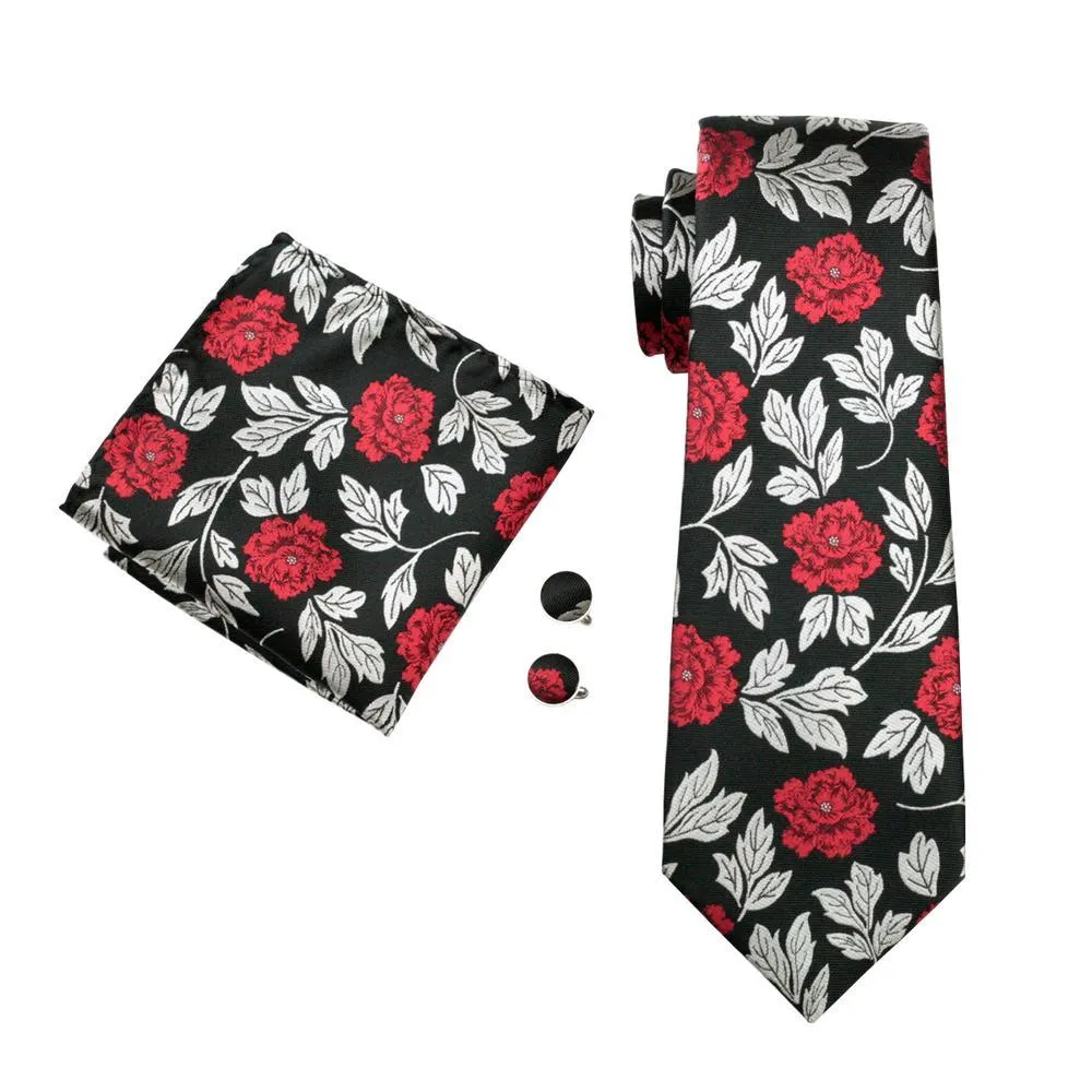 Silver Red Black Floral Men's Tie Pocket Square Cufflinks Set sold by Barrywang product image thumbnail 3
