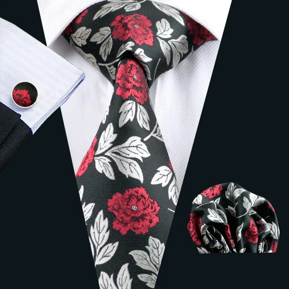 Silver Red Black Floral Men's Tie Pocket Square Cufflinks Set sold by Barrywang