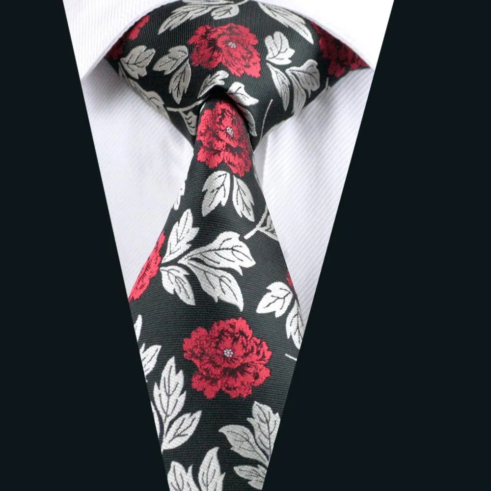 Silver Red Black Floral Men's Tie Pocket Square Cufflinks Set sold by Barrywang product image thumbnail 2